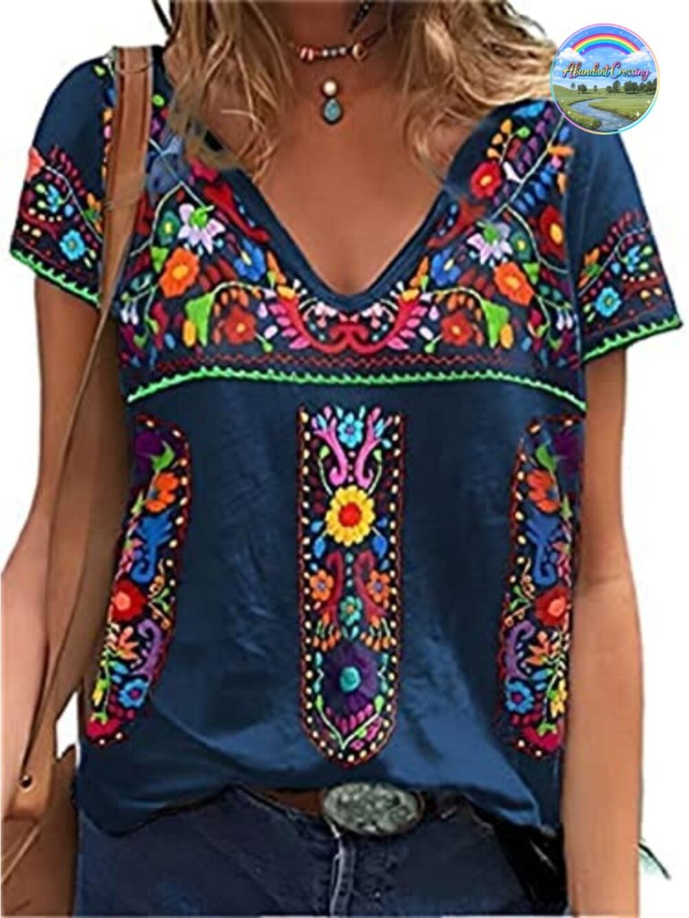 V Neck Floral Embroidered Short Sleeve Peasant Top Loose Fit Casual